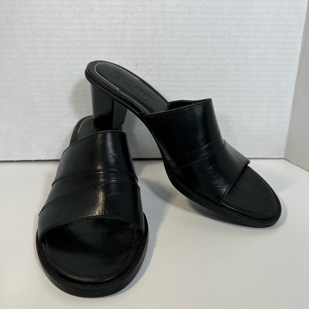 Dockers Bubbling Black Leather Slide Sandals 7M Classic Block Heel Womens Brazil